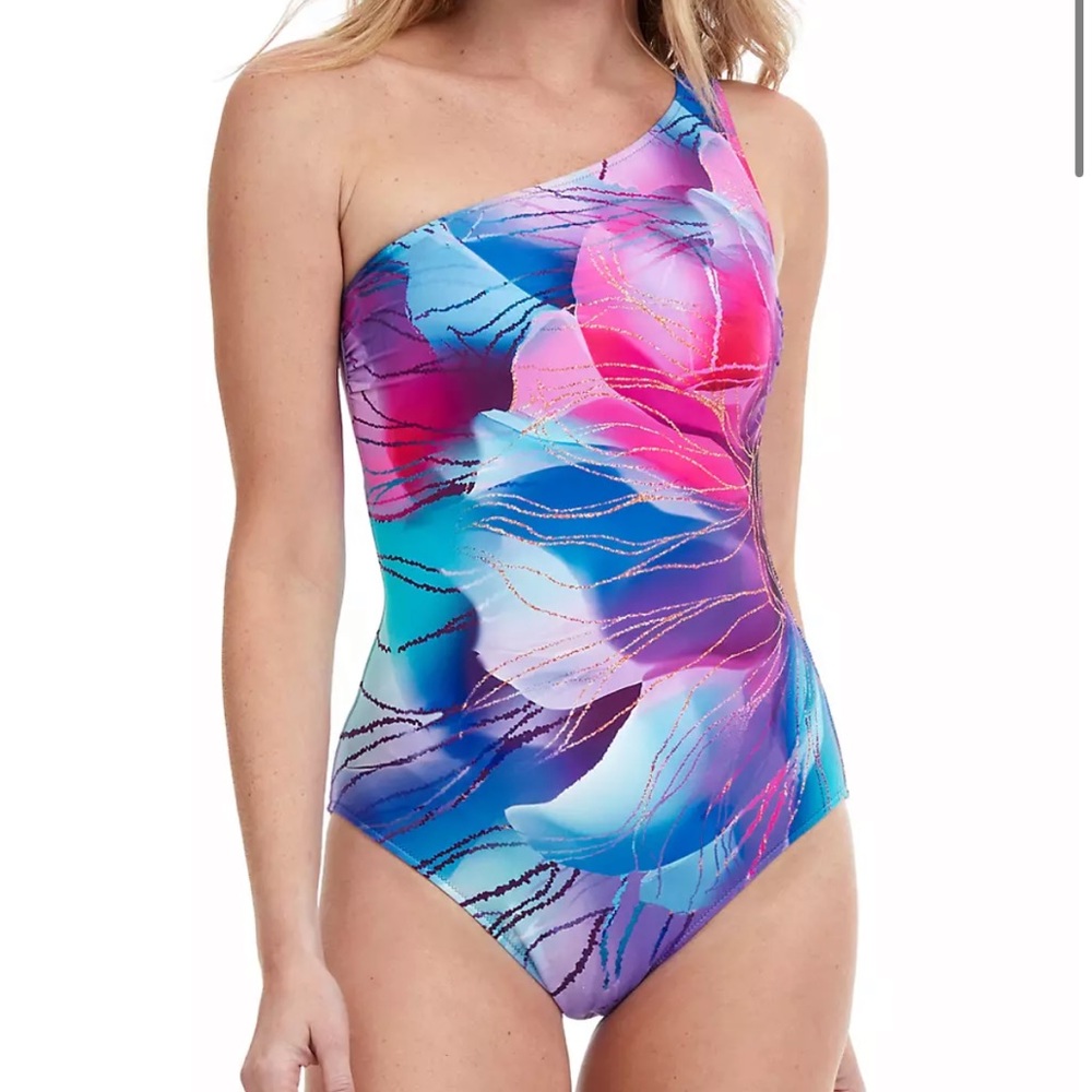 Gottex Swimwear Golden Asymmetric Floral One-Piece Swimsuit Size 12